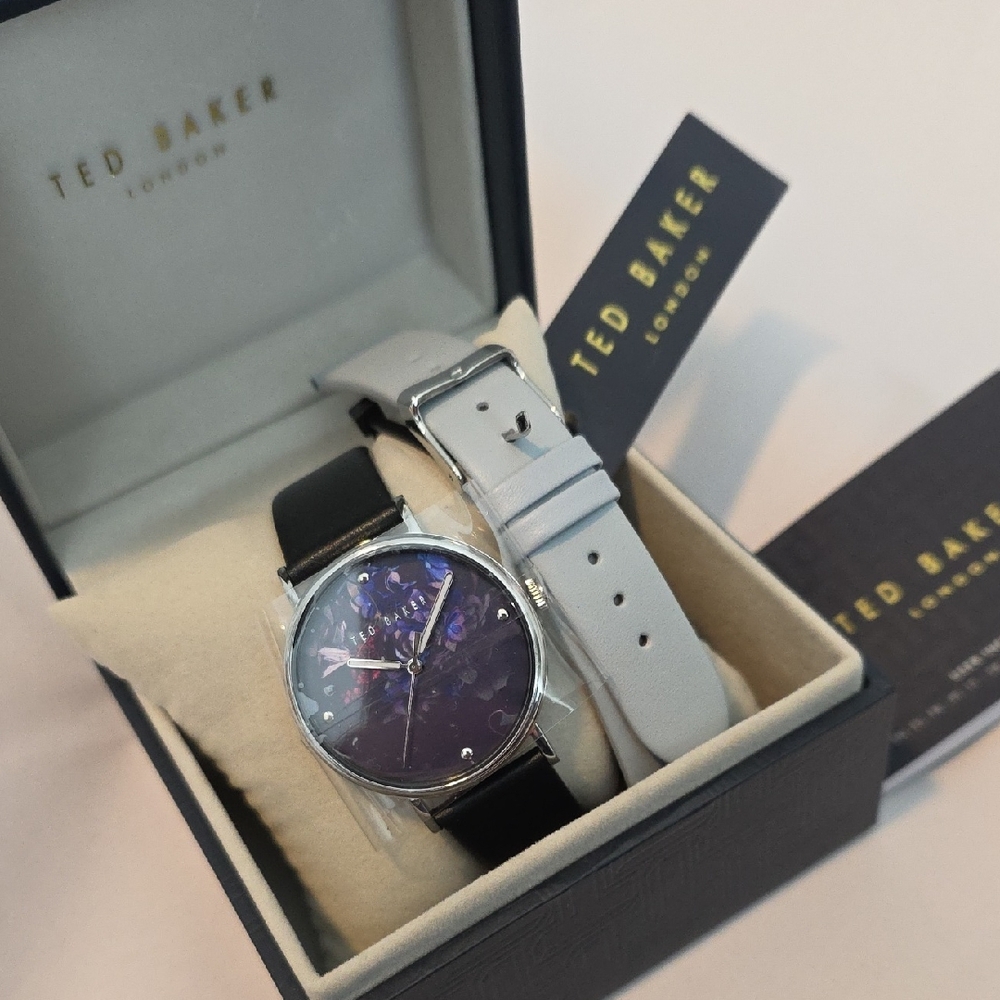 Ted Baker Women's Watch Purple Dial Floral with 2 Leather Straps NWT